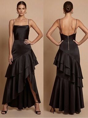 Betsy & Adam High Low Dress 6 Black Satin Long Gown Spaghetti Straps Formal EUC